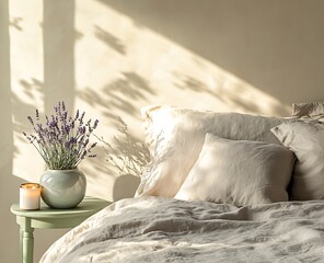 A bed with grey linen and beige pillows, a small green side table with lavender flowers in a vase and a candle next to it 