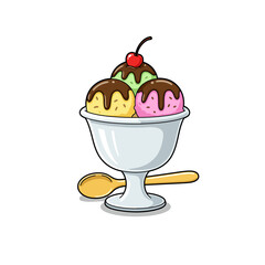 Cartoon Ice Cream Sundae with Chocolate Sauce and Cherry Topping