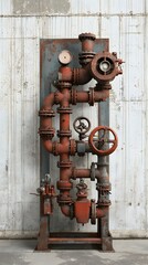 Detailed view of a vintage steam engine cooling system with an intricate network of rusty weathered pipes valves gauges and other mechanical components