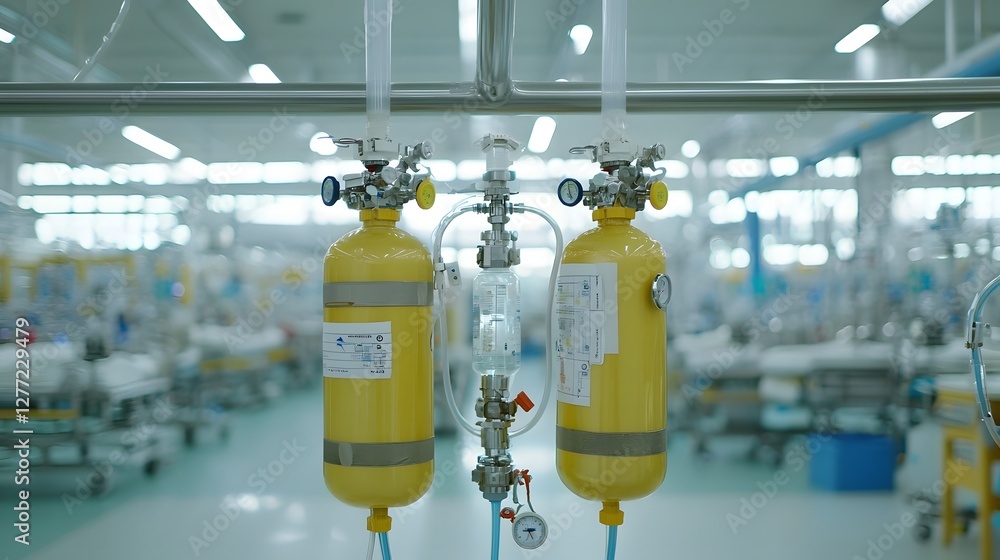 Aufkleber detailed view of oxygen tank refilling process with safety measures and equipment in an industrial w