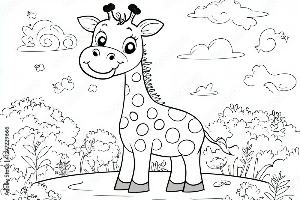 Poster giraffe is standing in a field with trees and clouds in the background