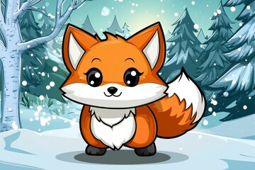 Cartoon fox is standing in the snow with trees in the background