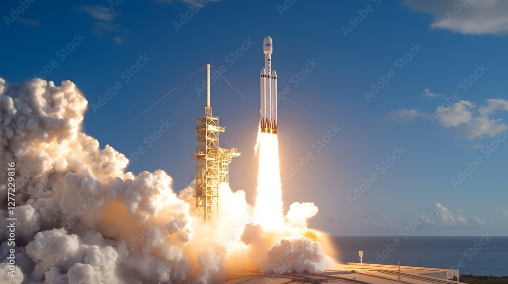 Aufkleber Dramatic and captivating perspective showcasing the powerful launch of a satellite into orbit with a towering rocket propelling the spacecraft into the vast sky and over the distant horizon