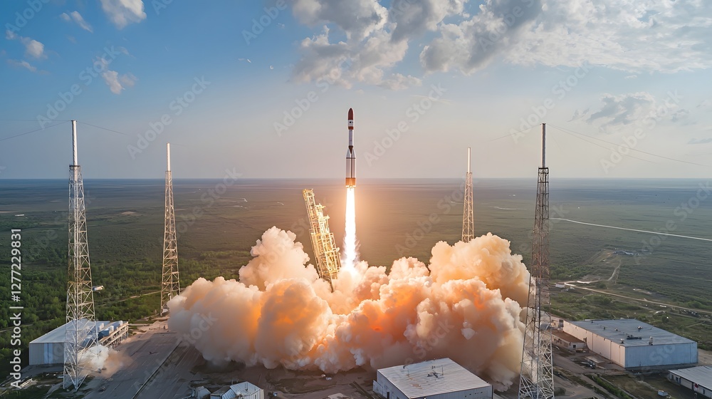 Aufkleber dramatic perspective of a powerful satellite rocket launch bursting through the clouds and into the 