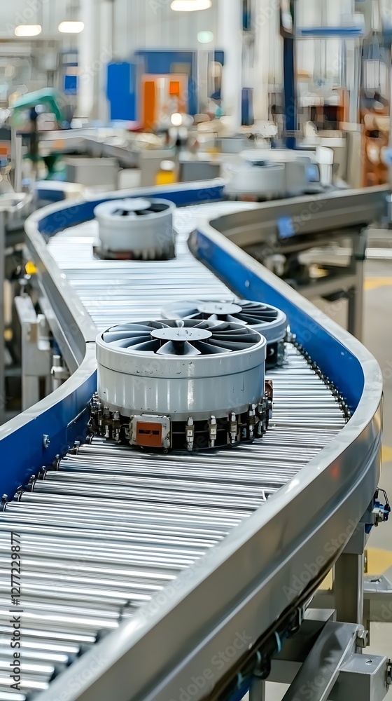 Poster efficient factory conveyor belt transporting large cooling system components for manufacturing and p