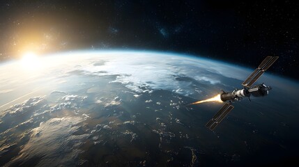 Obraz premium Dramatic perspective of a satellite launch into the majestic orbit around the Earth set against the stunning backdrop of a vibrant sunset and the vast mysterious cosmos