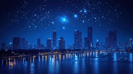 Fototapeta premium Nightscape Symphony, A City's Reflection Under a Celestial Network