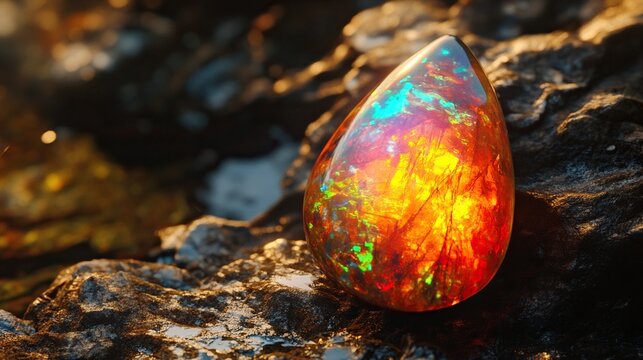 Vibrant fire opal gemstone on dark rock.