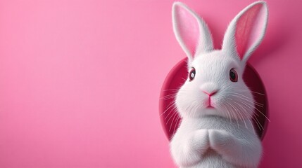 Cute white rabbit in pink circle, looking curious,  background, stock photo