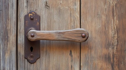 Rustic wooden door handle on weathered wood