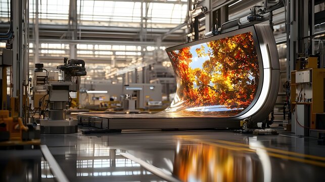 Flexible OLED display screens being rigorously tested for durability and performance within a state of the art industrial manufacturing plant