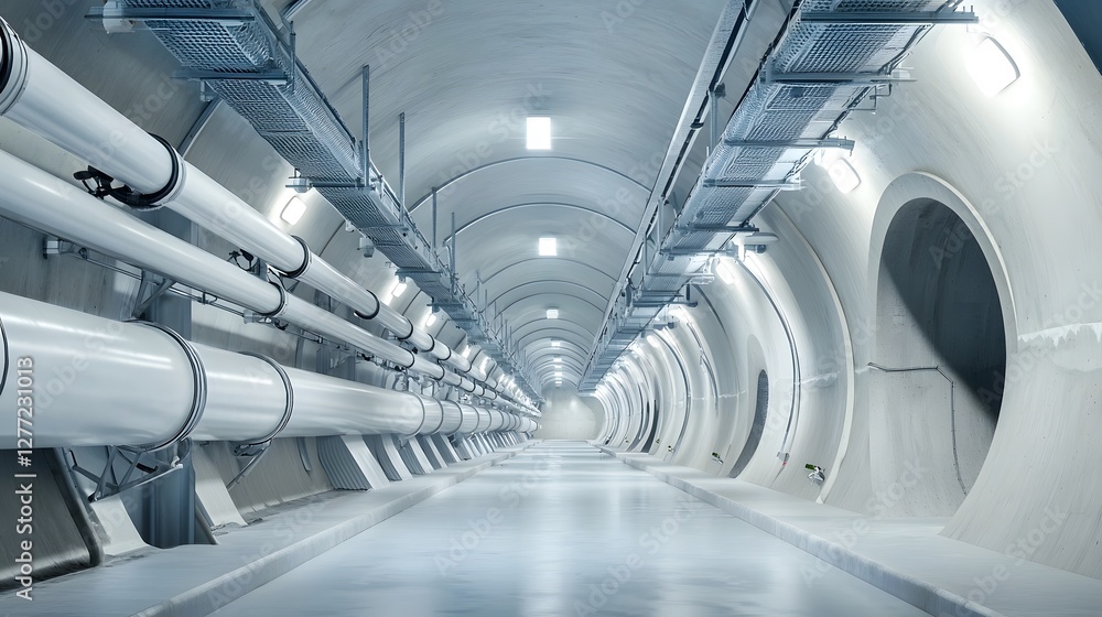 Poster futuristic and expansive wastewater treatment tunnel with a complex network of industrial pipelines 