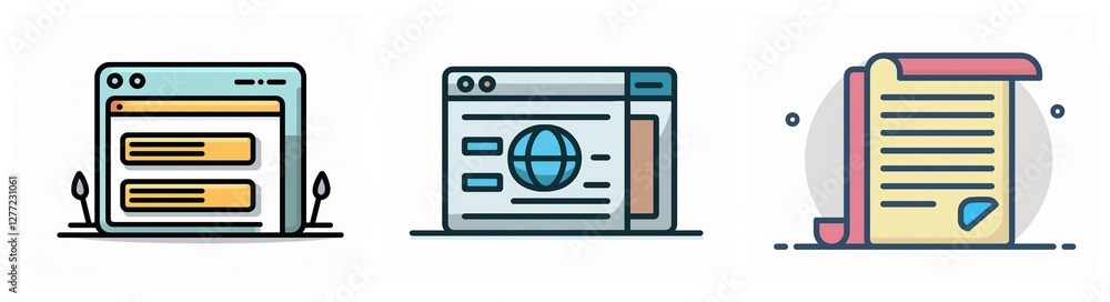 Poster Three distinct icons depict digital concepts: a browser window with content lines, another browser with a globe, and a sealed document or scroll.