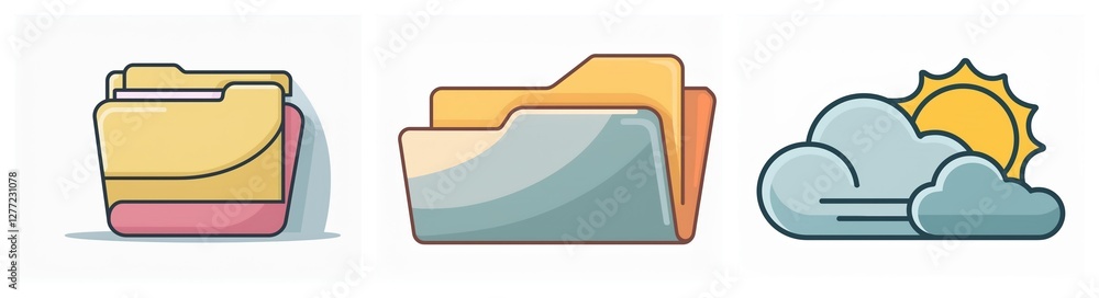Aufkleber three cartoon style icons depict a closed file folder with a pink base, an open file folder, and a w