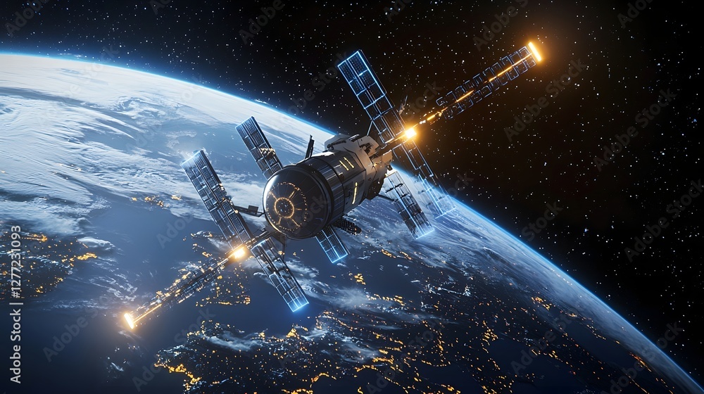 Aufkleber Futuristic communication satellite in orbit around the Earth with glowing data connections and networks illuminating the planet s atmosphere