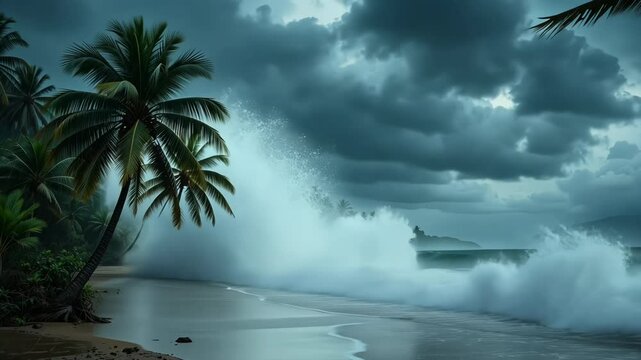A powerful tropical storm with strong winds bending palm trees, heavy rainfall and waves crashing onto a flooded coastline under a dark stormy sky