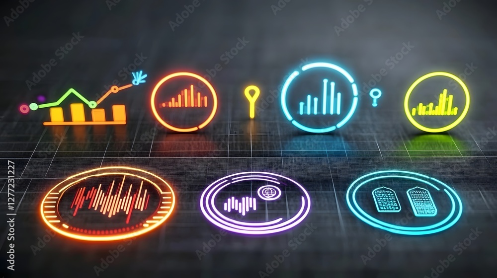 Poster Futuristic glowing neon business data analytics infographic with abstract graphs charts and visualization icons  Concept for finance technology strategy and digital information display