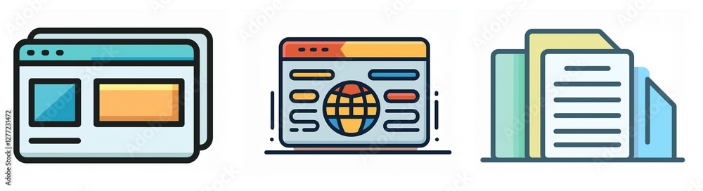 Aufkleber icons depicting web browser windows and files. representing online information access, digital docum