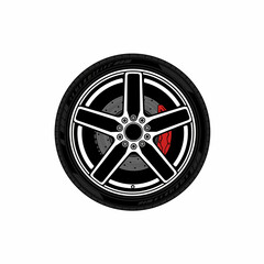 Fototapeta premium Car Wheel with Five-spoke Rim and Red Caliper Illustration on White