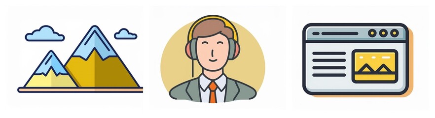 Obraz premium Three icons depict nature scenery with mountains, a person with headphones, and a browser window, showcasing diverse digital and real-world elements.