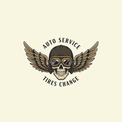 Obraz premium Skull with Wings Illustration for Auto Service and Tires Change