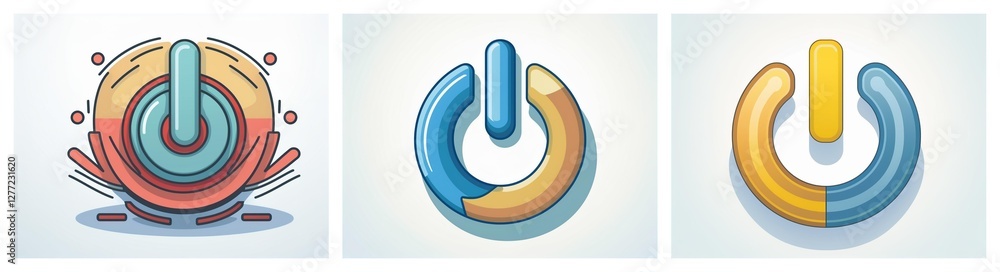 Leinwandbilder Three power button icons displayed with different color variations and design styles. First one is splashy, second and third are simple and clean.