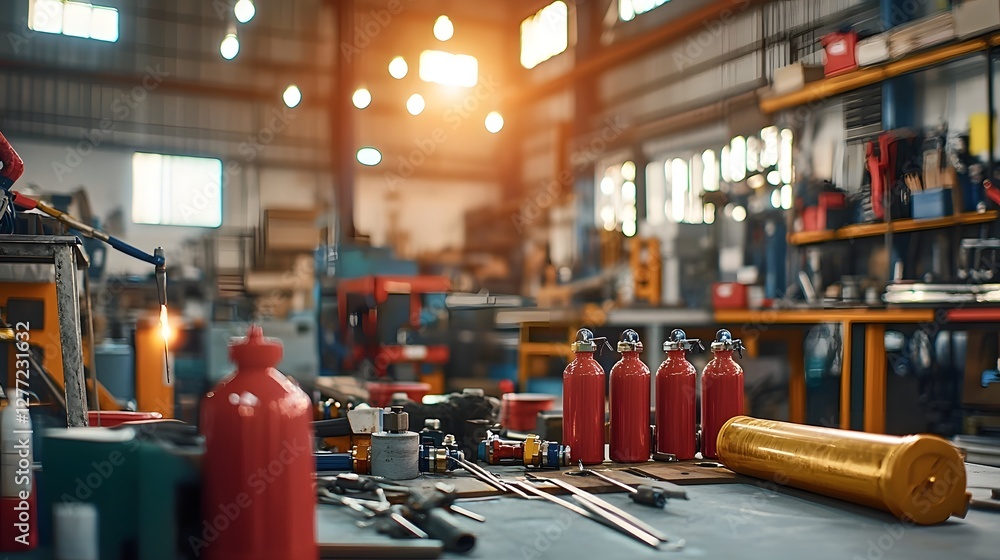 Poster Gas based Fire Suppression System Components Being Assembled and Prepared for Installation in an Industrial Workshop