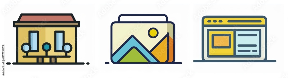 Poster three icons depict a house with trees, a landscape picture, and a website layout on a screen. simple