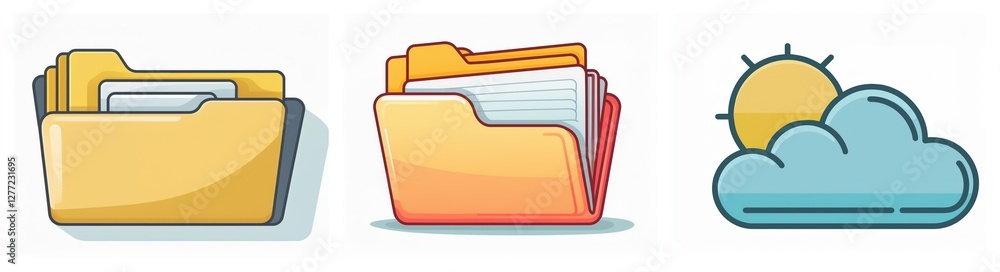 Fototapete three vector icons display on a white background: two file folders in yellow and orange and a weathe