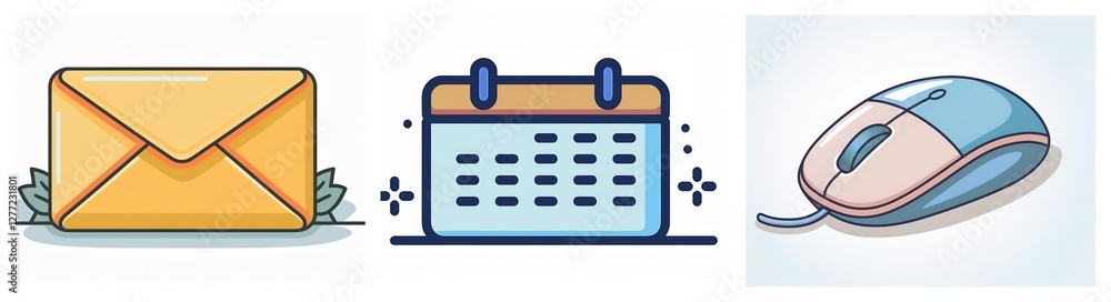 Poster vector image shows a yellow envelope with leaves, a blue calendar, and a blue and white mouse. icons
