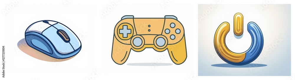Aufkleber Three icons displayed: a blue computer mouse, a yellow game controller, and a blue and yellow power button symbol. These represent computer interaction, gaming, and system control.
