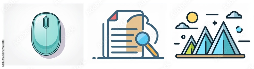 Aufkleber a set of icons featuring a computer mouse, document with magnifying glass for analysis, and sunny mo