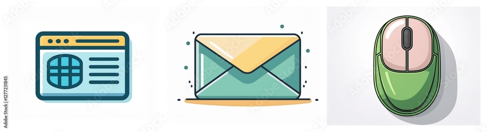Leinwandbilder three icons: a browser window with a globe, a closed envelope for email, and a green computer mouse 