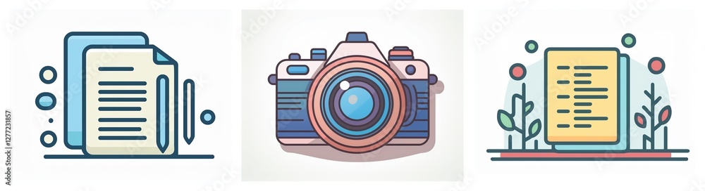 Poster three outlined icons in pastel colors. first, documents with a pencil. second, a camera. third, code