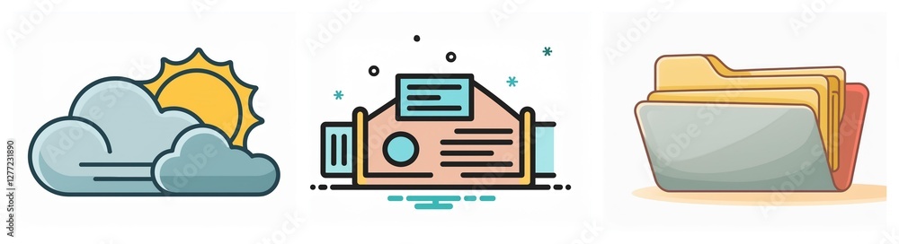 Poster three vector icons depict weather with sun and clouds, a server with data flow, and a file folder fo