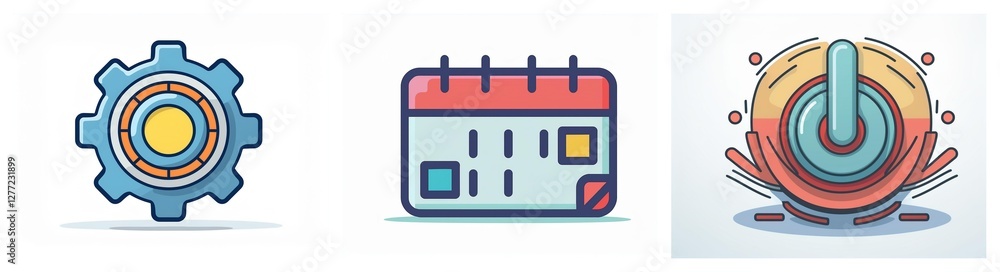Aufkleber Three colorful icons depict a gear, a calendar, and a power button. They are simple and flat designs, suitable for use in user interfaces and applications.
