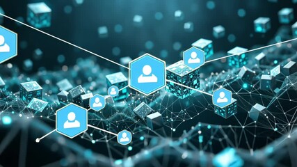 Abstract background with cascading 3D data cubes and glowing particle trails for big data branding and AI-driven tech marketing - Powered by Adobe