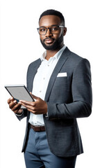 Professional digital asset consultant with tablet in modern business attire