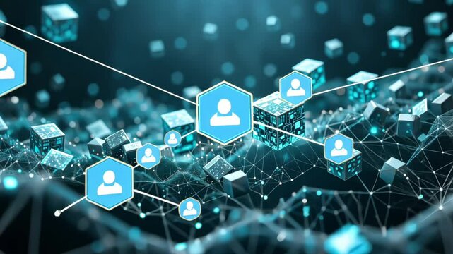 Abstract background with cascading 3D data cubes and glowing particle trails for big data branding and AI-driven tech marketing
