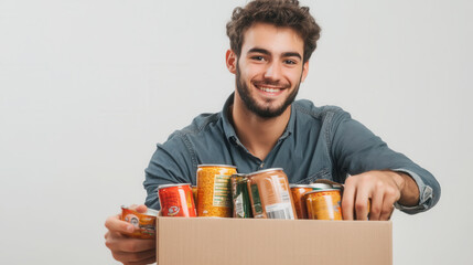 Young man organizing canned goods in cardboard box for food donation or storage
