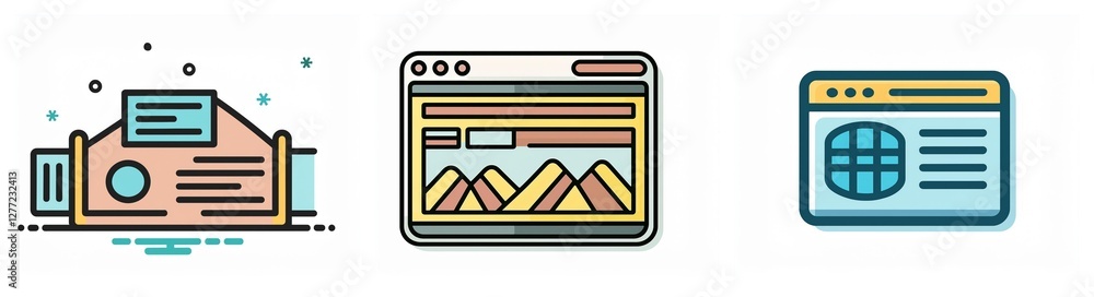 Fototapete three icons depict a package, a browser window showcasing a landscape scene, and another browser win