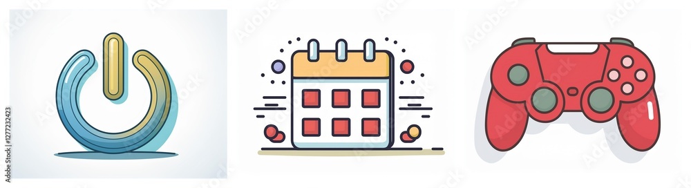 Poster three icons in a row: a blue and yellow power button, a calendar with red squares, and a red gamepad