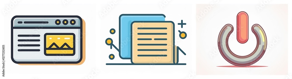 Poster browser window showing image content, documents with addition symbol, and power button icon. represe