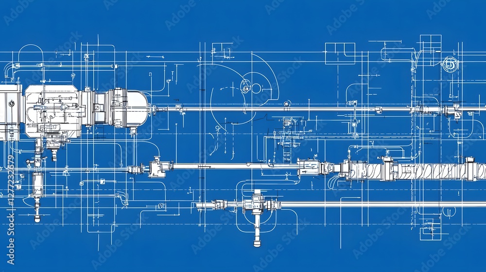 Poster highly detailed schematic blueprint diagram of a commercial fire sprinkler system showcasing the com