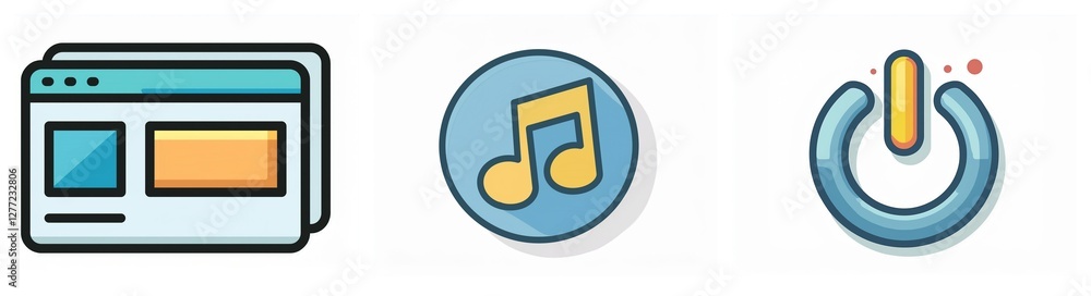Aufkleber three stylized icons are displayed: a browser window, a musical note inside a circle, and a power bu