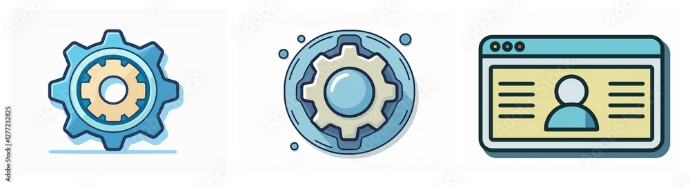 Aufkleber Settings and user profile icons display gears and a browser window with a person silhouette in blue and yellow.