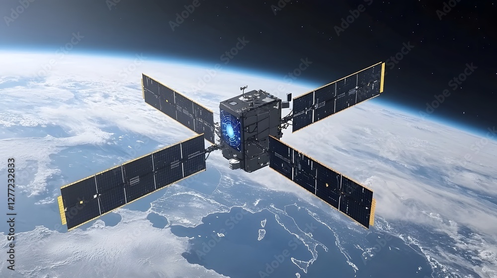Leinwandbilder image depicting an advanced ai powered satellite orbiting the earth and processing real time global 