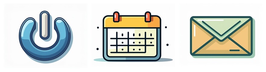 Icons displayed: blue power button, yellow calendar, beige envelope. Represent system controls, time management, and communication.