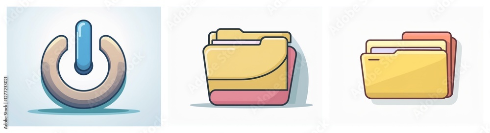 Leinwandbilder three cartoon icons depict digital elements: a blue power button for on/off functions, and two file 
