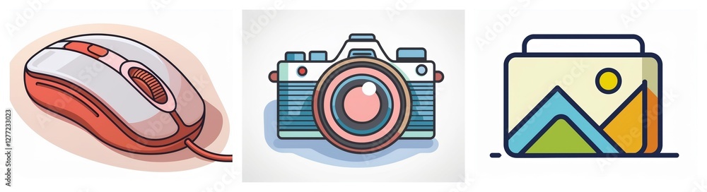 Leinwandbilder three icons in vector style depict a computer mouse, a camera, and a picture. these represent digita